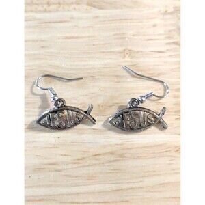 Religious Jesus Fish Charm Pierced Dangle Earrings Jewelry Faith Christian VG